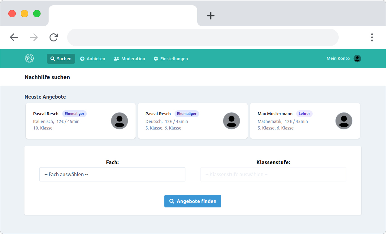 Screenshot: Nachhilfe suchen